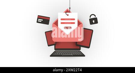 Internet Phishing, Account Hacking Attempt by Malicious Email - Hacker Activity, Data Theft, Hacked, Stolen Login Credentials and Password, Cyber Crim Stock Vector