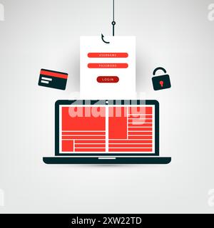 Internet Phishing, Account Hacking Attempt - Hacker Activity, Data Theft, Hacked, Stolen Login Credentials, Password and Credit Card Data - Cyber Crim Stock Vector