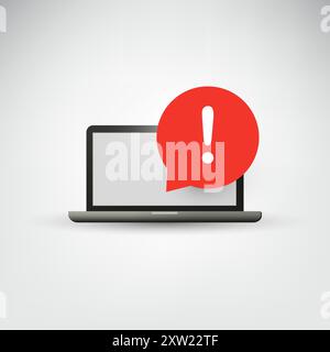 Alert, Notification, Warning, Important Message on a Laptop Computer Screen - Vector Design Illustration - Notebook with Red  Speech Bubble and Exclam Stock Vector