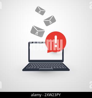 Alert of Infection by E-mail, Laptop Computer Notification, Warning, Important Message or Dangerous Infected Email - Vector Concept Design - Notebook Stock Vector