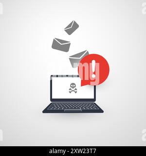 Alert of Infection by E-mail, Laptop Computer Notification, Warning, Important Message or Dangerous Infected Email - Vector Concept Design - Notebook Stock Vector