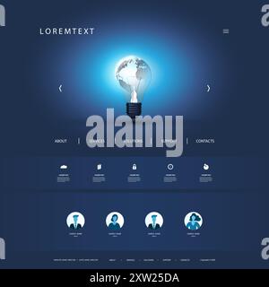 Website Template for Your Business with Smart Idea or Global Energy Network Concept - Design with Glowing Light Bulb in the Header Stock Vector