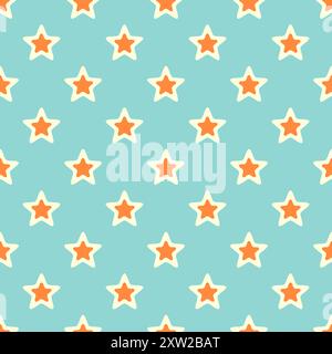 Seamless texture in retro atmosphere. Pattern is formed from orange stars on light blue background. Stock Vector