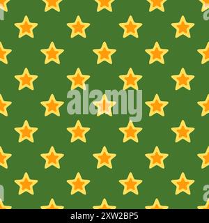 Christmas seamless texture in retro atmosphere. Pattern is formed from gold stars on green background. Stock Vector