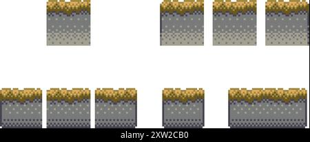 Pixel art tile set for 2d retro video-game. A set of grey ground tiles with autumn grass for platformer for location constructor. Vector illustration Stock Vector