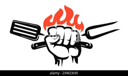 Bbq fork and spatula in hand. Barbecue, grill food logo and emblem. Symbol vector illustration for restaurant menu Stock Vector