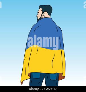 Man wearing Ukraine flag back view illustration, Stop War, Russia and Ukraine war conflict, Spread peace Stock Vector