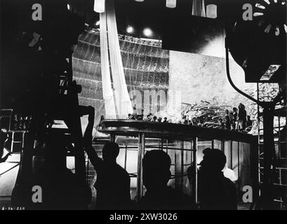 JANE FONDA filming a scene on the Labyrinth set for BARBARELLA 1968 Director ROGER VADIM  Writer JEAN CLAUDE FOREST  Costume Design JACQUES FONTERAY and PACO RABANNE Production Designer MARIO GARBUGLIA Cinematography CLAUDE RENOIR Paramount Pictures Stock Photo