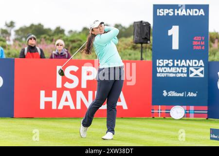 North Ayrshire, Scotland. 17th August 2024. Allisen Corpuz tees off at the start of her 3rd round of the 2024 ISPS HANDA Women’s Scottish Open at Dundonald Links. Credit: Tim Gray/Alamy Live News Stock Photo