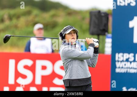 North Ayrshire, Scotland. 17th August 2024. Pauline Roussin-Bouchard on the first tee during 3rd round of the 2024 ISPS HANDA Women’s Scottish Open at Dundonald Links. Credit: Tim Gray/Alamy Live News Stock Photo