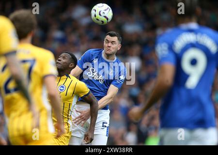 Liverpool, UK. 17th Aug, 2024. Michael Keane of Everton heads the ball. Premier League match, Everton v Brighton & Hove Albion at Goodison Park in Liverpool on Saturday 17th August 2024. this image may only be used for Editorial purposes. Editorial use only, pic by Chris Stading/Andrew Orchard sports photography/Alamy Live news Credit: Andrew Orchard sports photography/Alamy Live News Stock Photo