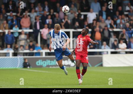 Hartlepool United's Louis Stephenson challenges for a header with Southend United's Josh Walker during the Vanarama National League match between Hartlepool United and Southend United at Victoria Park, Hartlepool on Saturday 17th August 2024. (Photo: Mark Fletcher | MI News) Credit: MI News & Sport /Alamy Live News Stock Photo