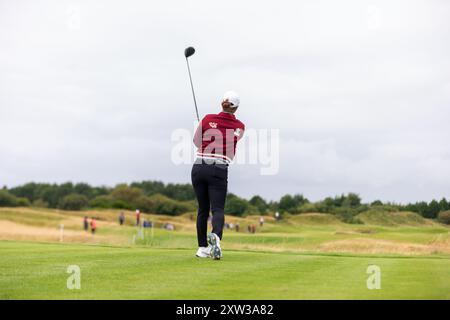 North Ayrshire, Scotland. 17th August 2024. Minjee Lee tees off on the second hole during the 3rd round of the 2024 ISPS HANDA Women’s Scottish Open at Dundonald Links. Credit: Tim Gray/Alamy Live News Stock Photo