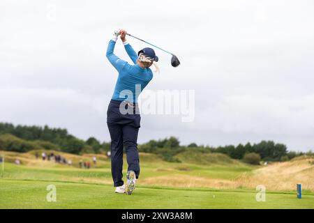 North Ayrshire, Scotland. 17th August 2024. Charley Hull tees off on the second hole during the 3rd round of the 2024 ISPS HANDA Women’s Scottish Open at Dundonald Links. Credit: Tim Gray/Alamy Live News Stock Photo