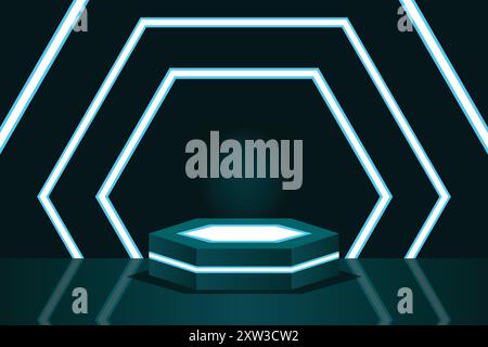Neon Lights Futuristic Podium Stage, Gaming, 3d design Stock Vector