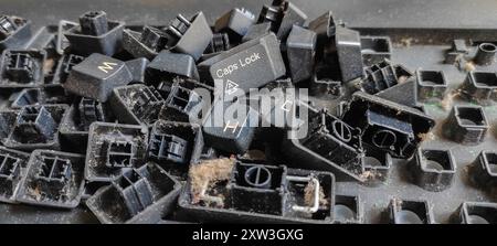 Pile of extremely dirty laptop keyboard tuts. Pile of keyboard tuts full of dust. Stock Photo