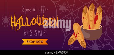 Big Halloween sale. Bright horizontal vector banner in cartoon style. Eerie Witch Fingers Treats for Parties a delightful spooky addition to celebrate Stock Vector