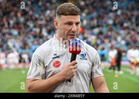 George Williams of Warrington Wolves speaks to Sky Sports Rugby League during the Magic Weekend match Warrington Wolves vs Leeds Rhinos at Elland Road, Leeds, United Kingdom, 17th August 2024  (Photo by Mark Cosgrove/News Images) Stock Photo