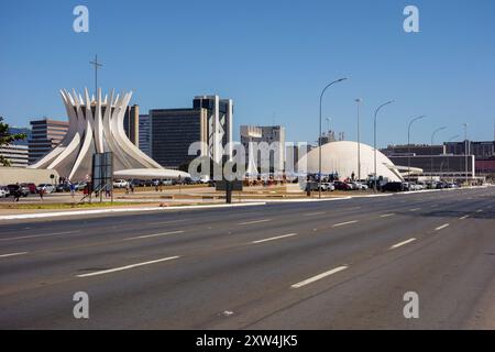 Brasilia, Brazil - Jul 22 2024: Metropolitan Cathedral of Our Lady of Aparecida and cityscape. Stock Photo