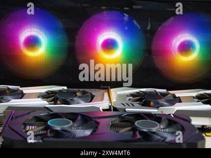 Powerful video graphic card close up, GPU coolers in computer Stock Photo