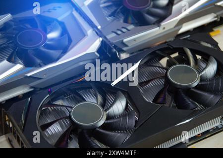 Powerful video graphic card close up, GPU coolers in computer Stock Photo