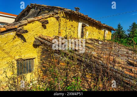 A mud house, painted yellow, now in ruins and surrounded by weeds and brambles. Colle Marcone, Province of Chieti, Abruzzo, Italy, Europe Stock Photo