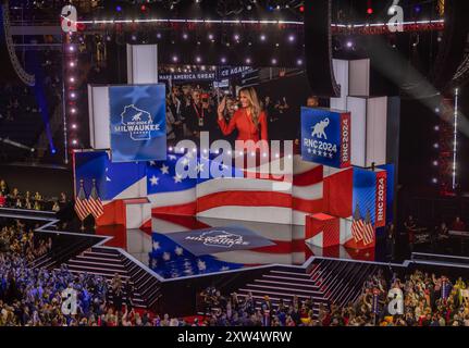 MILWAUKEE, Wis. – July 18, 2024: Former First Lady Melania Trump appears onscreen in the Fiserv Forum during the 2024 Republican National Convention. Stock Photo