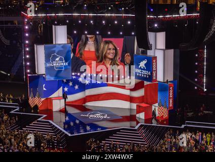 MILWAUKEE, Wis. – July 18, 2024: Former First Lady Melania Trump appears onscreen in the Fiserv Forum during the 2024 Republican National Convention. Stock Photo