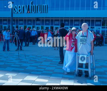 MILWAUKEE, Wis. – July 18, 2024: People gather outside the Fiserv Forum during the 2024 Republican National Convention. Stock Photo