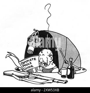 1940s - An amusing Second World War period cartoon depicting the popular fictional British soldier character, Old Bill, created by the cartoonist Bruce Bairnsfather. This cartoon shows Old Bill in a dugout which has a pram-style canopy. His he smoking a pipe and reading a booklet entitled, “Complete Pools Guide”. He has a gas mask, a rifle and a bottle of beer. Stock Photo