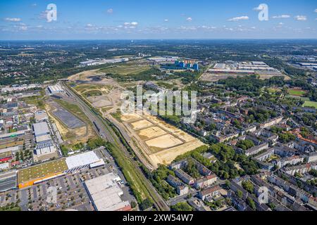 Luftbild, Baufläche Westfalenhütte Gewerbegebiet, Hoesch Areal, hinten Logistikzentrum und thyssenkrupp Steel Europe AG - Werk Dortmund mit dem Hoesch-Museum, Borsigplatz, Dortmund, Ruhrgebiet, Nordrhein-Westfalen, Deutschland ACHTUNGxMINDESTHONORARx60xEURO *** Aerial view, construction site Westfalenhütte industrial area, Hoesch Areal, behind logistics center and thyssenkrupp Steel Europe AG plant Dortmund with the Hoesch Museum, Borsigplatz, Dortmund, Ruhr area, North Rhine-Westphalia, Germany ATTENTIONxMINDESTHONORARx60xEURO Stock Photo