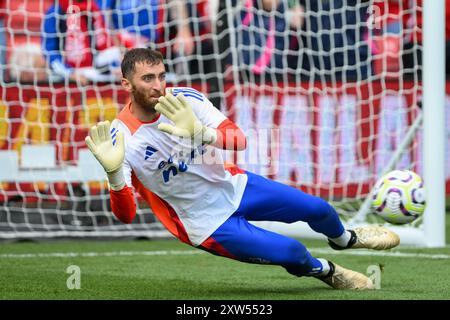 Matt Turner, Nottingham Forest goalkeeper warms up ahead of kick-off during the Premier League match between Nottingham Forest and Bournemouth at the City Ground, Nottingham on Saturday 17th August 2024. (Photo: Jon Hobley | MI News) Credit: MI News & Sport /Alamy Live News Stock Photo