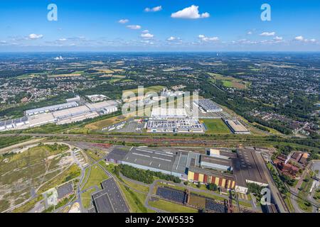 Luftbild, Westfalenhütte Gewerbegebiet, Hoesch Areal, Logistik Zentrum, Blick auf Dortmund, Borsigplatz, Dortmund, Ruhrgebiet, Nordrhein-Westfalen, Deutschland ACHTUNGxMINDESTHONORARx60xEURO *** Aerial view, Westfalenhütte industrial estate, Hoesch Areal, logistics center, view of Dortmund, Borsigplatz, Dortmund, Ruhr area, North Rhine-Westphalia, Germany ATTENTIONxMINDESTHONORARx60xEURO Stock Photo