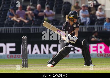 Manchester, England, 10 August 2021. Emma Lamb batting for Manchester Originals against London Spirit in The Hundred at Old Trafford. Credit: Colin Edwards. Stock Photo