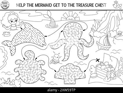 Mermaid black and white maze for kids with lagoon landscape, princess ...