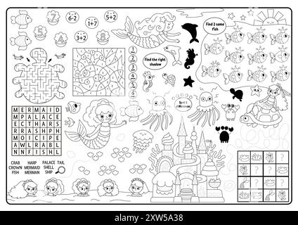 Vector mermaid black and white placemat. Ocean kingdom printable activity mat with maze, shadow match, find difference. Underwater coloring play mat, Stock Vector