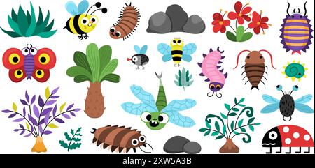 Vector ancient insects set. Cute prehistoric animal icons collection. Dinosaur period illustrations with meganeura, Arthropleura, bee, butterfly, cent Stock Vector