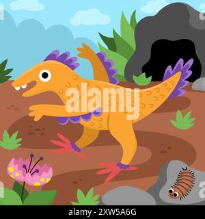 Vector square scene with velociraptor. Dinosaur landscape illustration. Cute prehistoric scenery with cave, centipede, flowers, stones. Funny dino sce Stock Vector