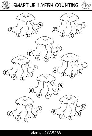 Simple match the numbers mermaid game with jellyfish. Black and white fairytale ocean kingdom math activity or coloring page. Marine line educational Stock Vector