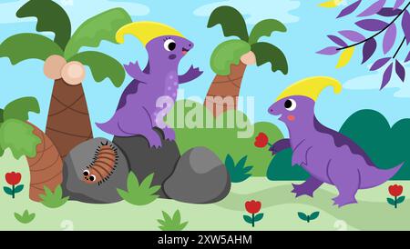 Vector horizontal scene with parasaurolophus bringing flower to his girlfriend. Dinosaur landscape illustration. Cute prehistoric scenery with flowers Stock Vector