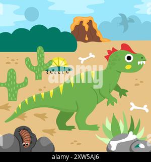 Vector square scene with allosaurus. Dinosaur landscape illustration. Cute prehistoric scenery with desert, bones, volcano, centipede, stones. Funny d Stock Vector