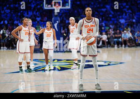 Arlington, United States. 16th Aug, 2024. Forward DeWanna Bonner #24 of Connecticut Sun shoots a free throw during the WNBA match against Dallas Wings between the Dallas Wings and Connecticut Sun at College Park Center. Final score Dallas Wings 91 - 109 Connecticut Sun. on August 16, 2024 in Arlington, Texas, United States. (Photo by Javier Vicencio/Eyepix Group) Credit: Eyepix Group/Alamy Live News Stock Photo