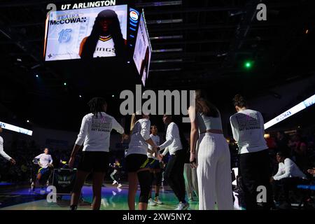 Arlington, United States. 16th Aug, 2024. Center Teaira McCowan #15 is presented before the WNBA match during the WNBA match between the Dallas Wings and Connecticut Sun at College Park Center. Final score Dallas Wings 91 - 109 Connecticut Sun. on August 16, 2024 in Arlington, Texas, United States. (Photo by Javier Vicencio/Eyepix Group/Sipa USA) Credit: Sipa USA/Alamy Live News Stock Photo