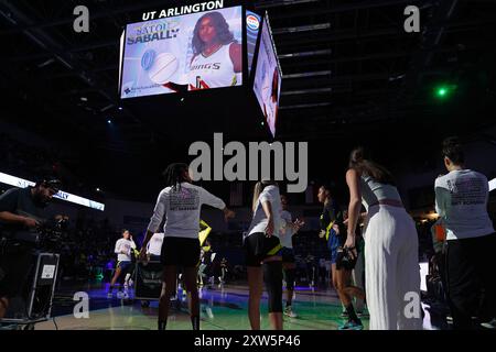 Arlington, United States. 16th Aug, 2024. Forward Satou Sabally #0 is presented before the WNBA match during the WNBA match between the Dallas Wings and Connecticut Sun at College Park Center. Final score Dallas Wings 91 - 109 Connecticut Sun. on August 16, 2024 in Arlington, Texas, United States. (Photo by Javier Vicencio/Eyepix Group/Sipa USA) Credit: Sipa USA/Alamy Live News Stock Photo