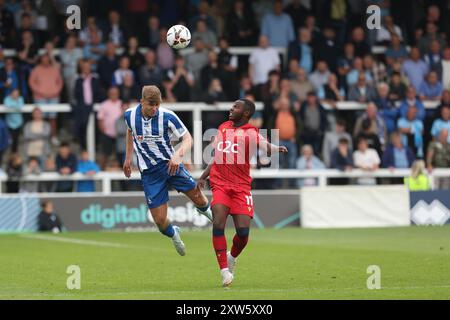 Louis Stephenson of Hartlepool United challenges for a header with Josh Walker of Southend United during the Vanarama National League match between Hartlepool United and Southend United at Victoria Park, Hartlepool on Saturday 17th August 2024. (Photo: Mark Fletcher | MI News) Credit: MI News & Sport /Alamy Live News Stock Photo