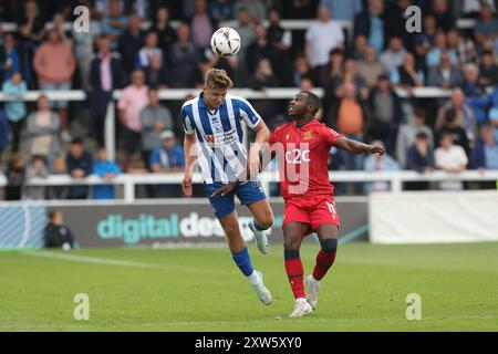 Louis Stephenson of Hartlepool United challenges for a header with Josh Walker of Southend United during the Vanarama National League match between Hartlepool United and Southend United at Victoria Park, Hartlepool on Saturday 17th August 2024. (Photo: Mark Fletcher | MI News) Credit: MI News & Sport /Alamy Live News Stock Photo