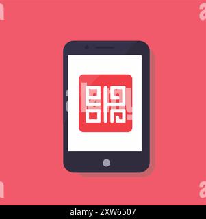 Smartphone displaying a red and white QR code. Stock Vector