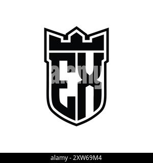 EX Letter logo with shield shape inside shield badge crown on black ...