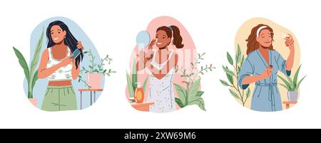 Pretty women enjoying beauty procedures flat color vector icon set. Ladies brushing hair, applying cream and face mist illustration pack on white Stock Vector