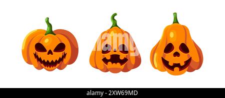Evil orange Halloween pumpkins objects flat color vector icon set. Traditional spooky autumn holiday decor illustration pack on white background Stock Vector